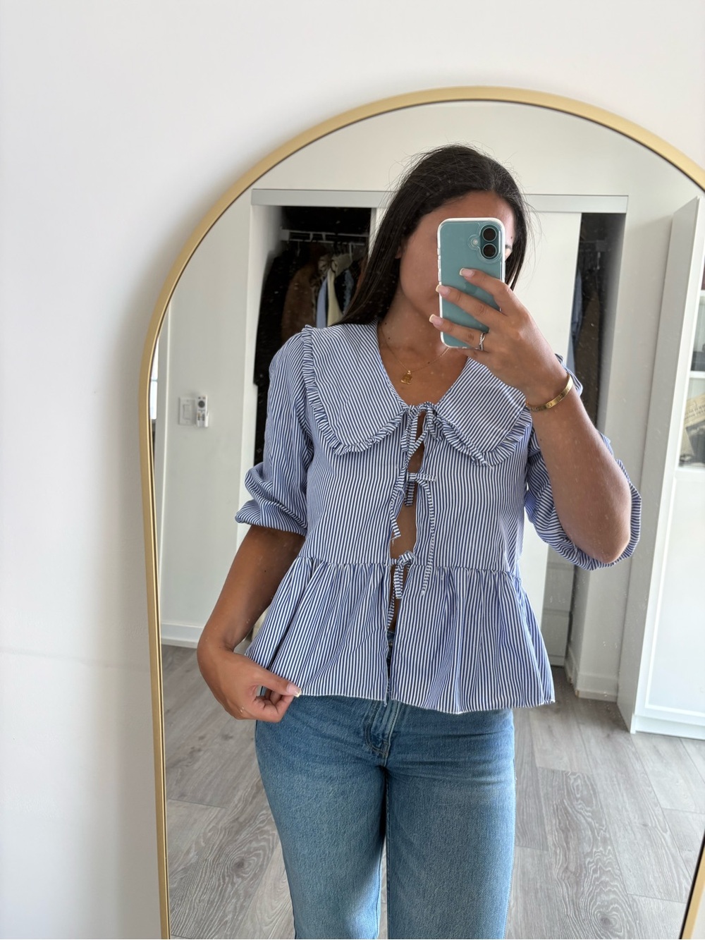 Light Blue Striped Tie-Front Peplum Blouse